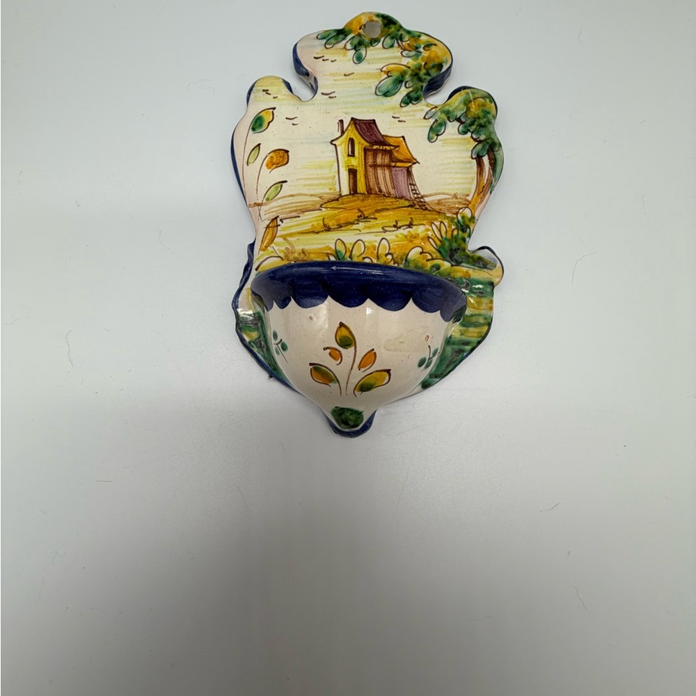 Hand-Painted Ceramic Wall Pocket in Yellow & Blue